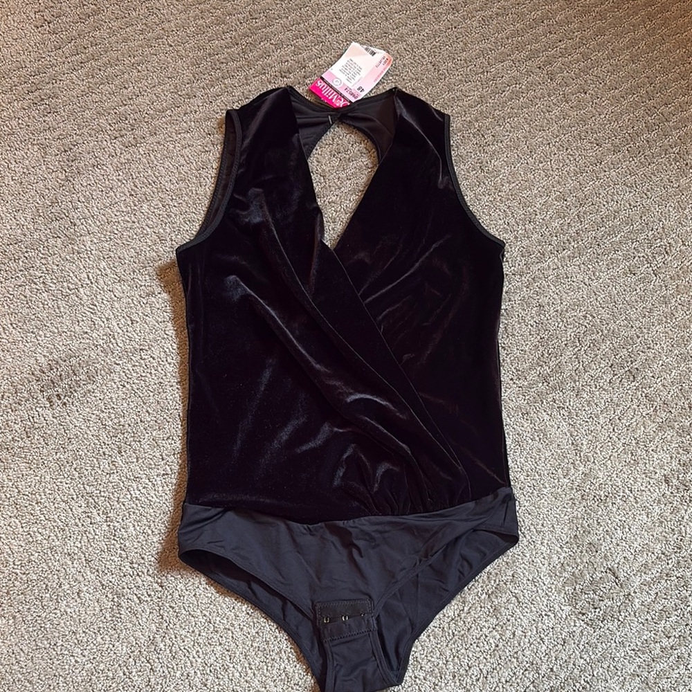 Sophisticated Black Velvet One Piece Bodysuit with Plunging V-Neckline